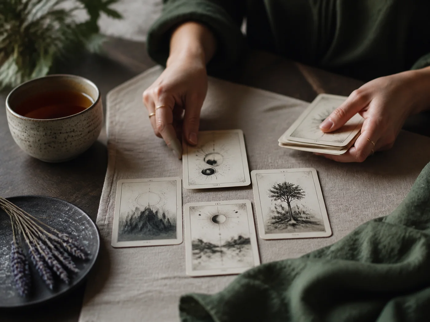 A careful tarot card layout beside written terms and a brass candle holder